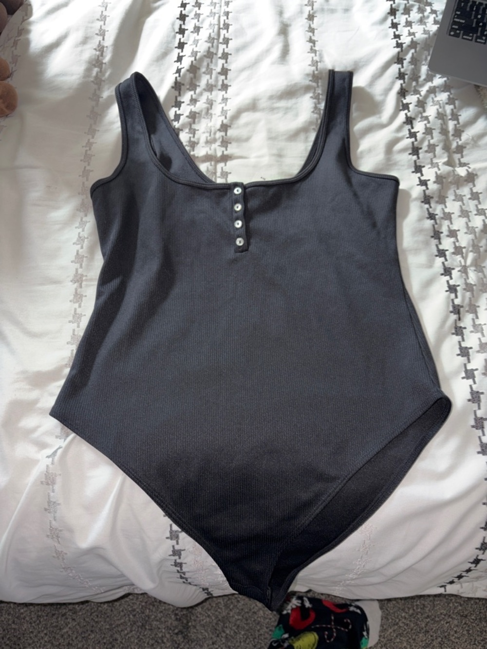 H&M Black Ribbed Scoop Neck Bodysuit with Front Button Detail